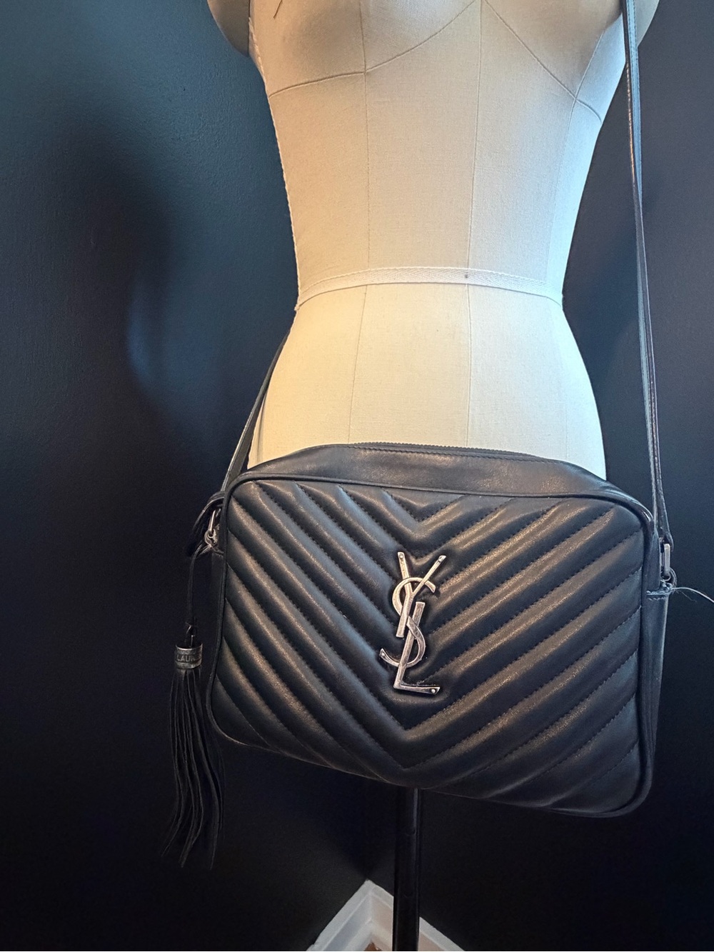 Saint Laurent Black Chevron Quilted Leather Crossbody with Tassel - Picture 2 of 8